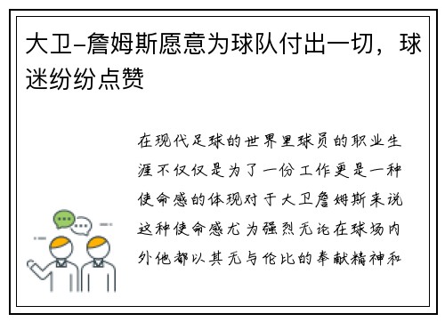 大卫-詹姆斯愿意为球队付出一切，球迷纷纷点赞